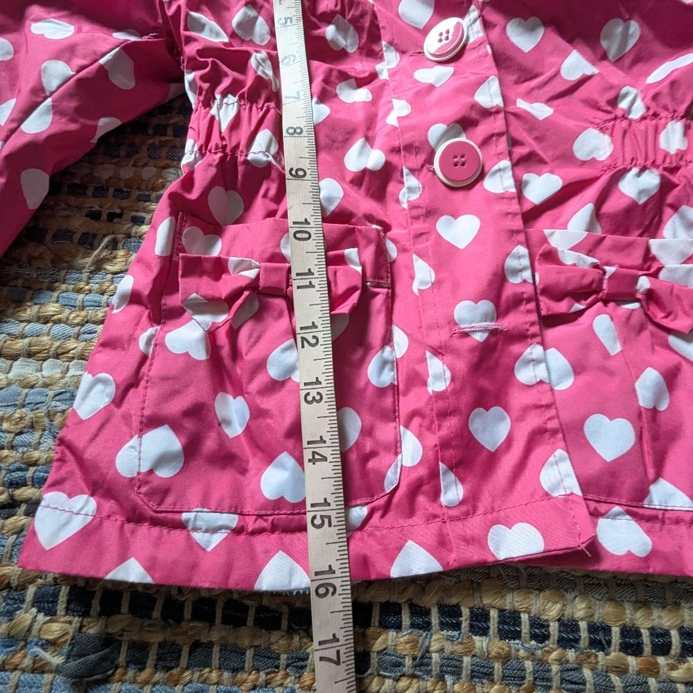 Pink Platinum Heart Print Hooded Raincoat Jacket 4 Pink White Bow Pockets Cozy L - Picture 7 of 10